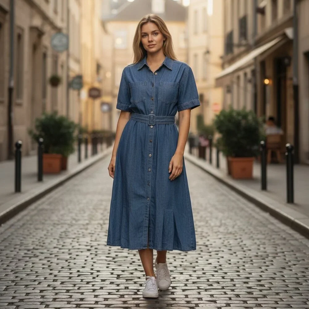 Vintage Kasper Denim Shirt Dress Belted Midi Teacher Minimalist 90s Womens 6 - Picture 2 of 4